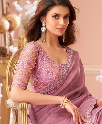 Pink chiffon embroidered bollywood-saree with bridal embroiderd blouse 4