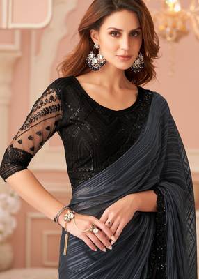 Black chiffon embroidered wedding-saree with bridal embroiderd blouse 2