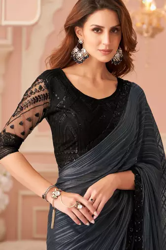 Black chiffon embroidered wedding-saree with bridal embroiderd blouse