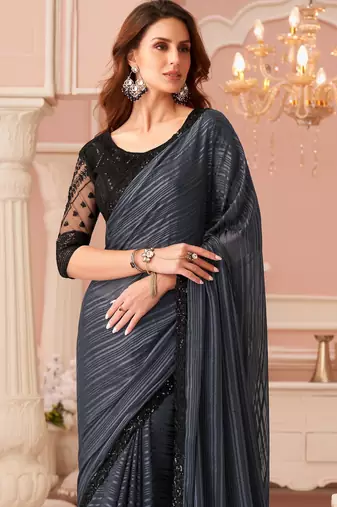 Black chiffon embroidered wedding-saree with bridal embroiderd blouse