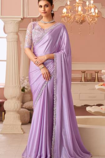 Lavender chiffon embroidered wedding-sarees with bridal embroiderd blouse