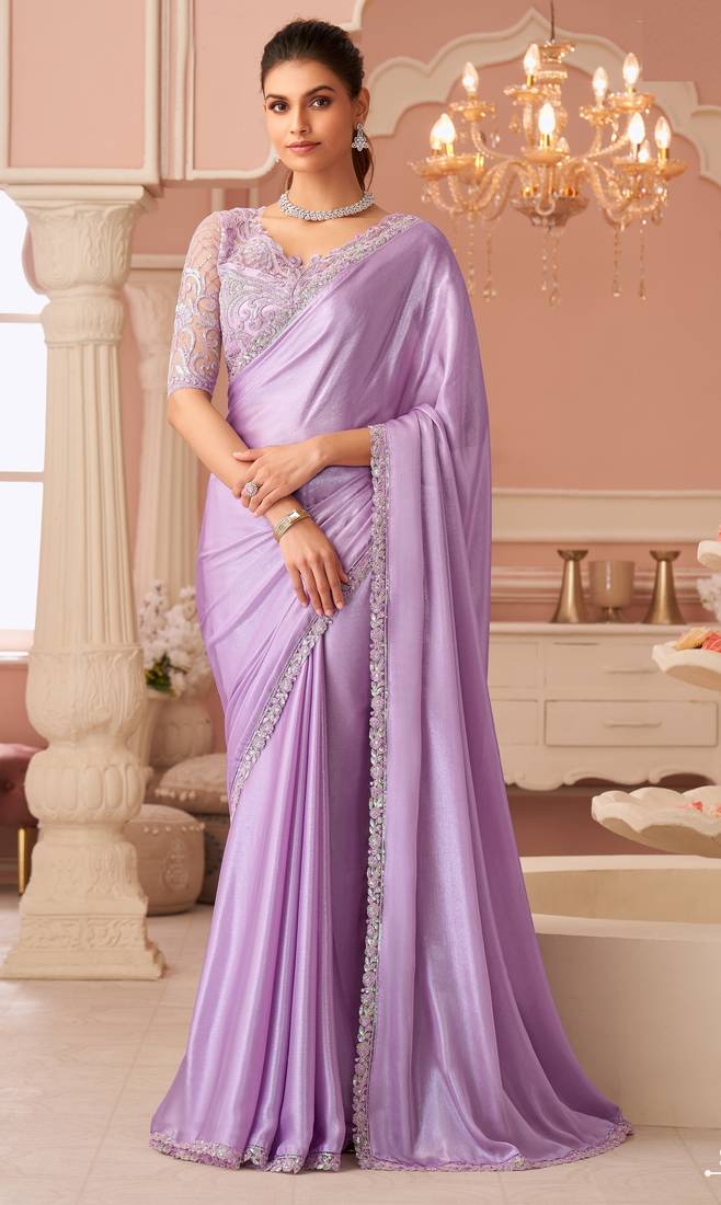 Lavender chiffon embroidered wedding-sarees with bridal embroiderd blouse