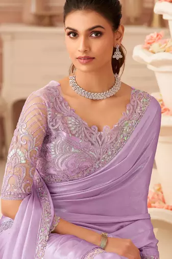 Lavender chiffon embroidered wedding-saree with bridal embroiderd blouse