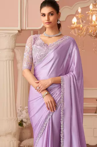 Lavender chiffon embroidered wedding-saree with bridal embroiderd blouse