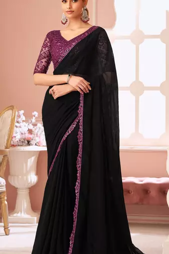 Black chiffon embroidered wedding-sarees with bridal embroiderd blouse