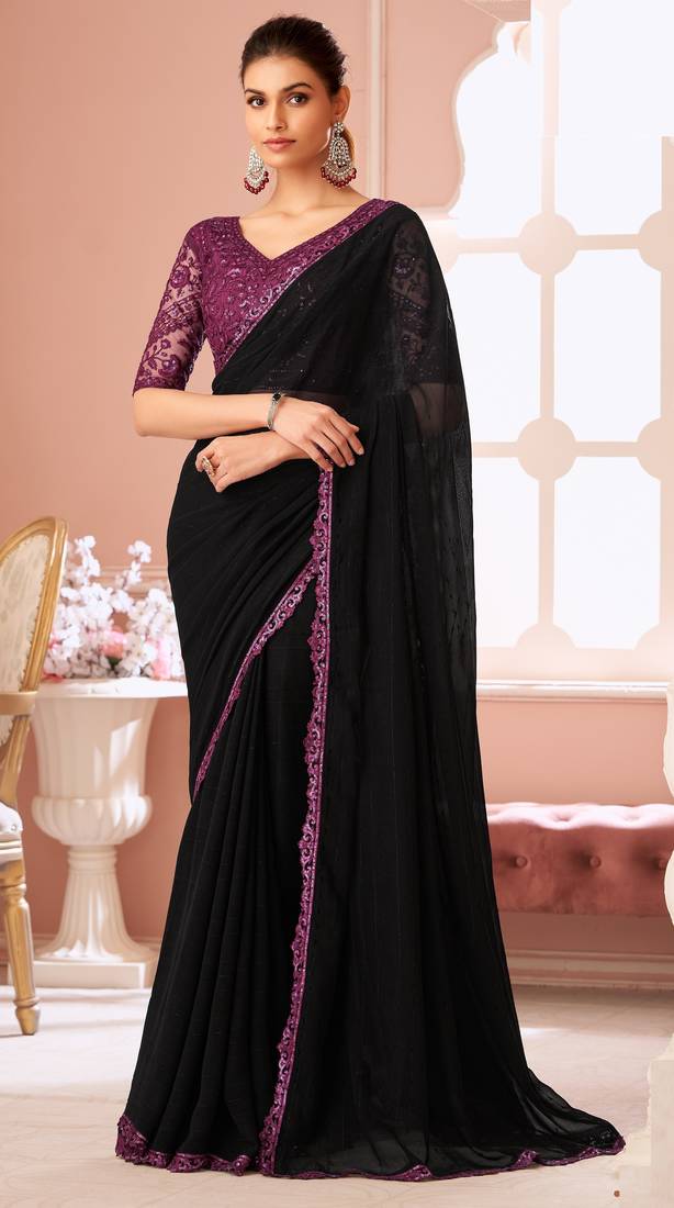 Black chiffon embroidered wedding-sarees with bridal embroiderd blouse
