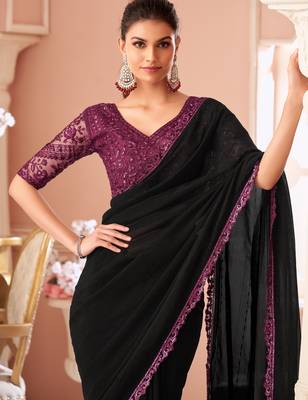 Black chiffon embroidered wedding-saree with bridal embroiderd blouse 2