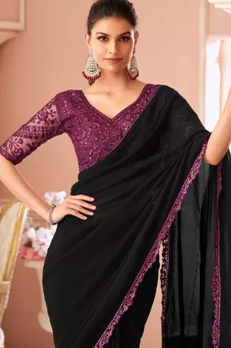 Black chiffon embroidered wedding-saree with bridal embroiderd blouse