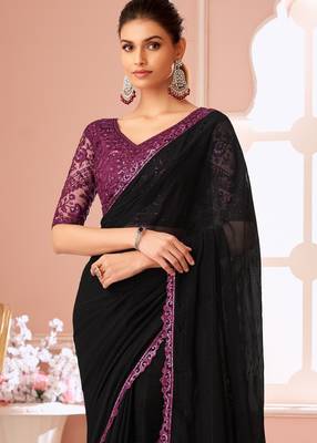 Black chiffon embroidered wedding-saree with bridal embroiderd blouse 3