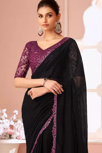 Black chiffon embroidered wedding-saree with bridal embroiderd blouse