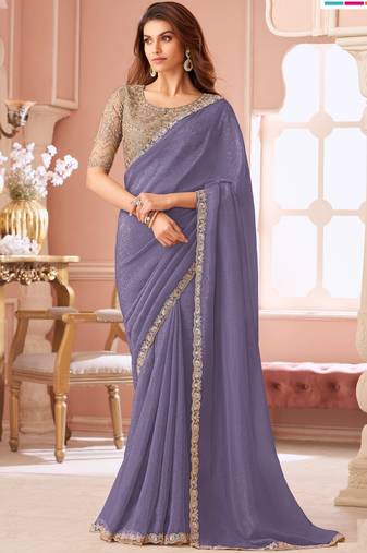 Lavender chiffon embroidered wedding-sarees with bridal embroiderd blouse