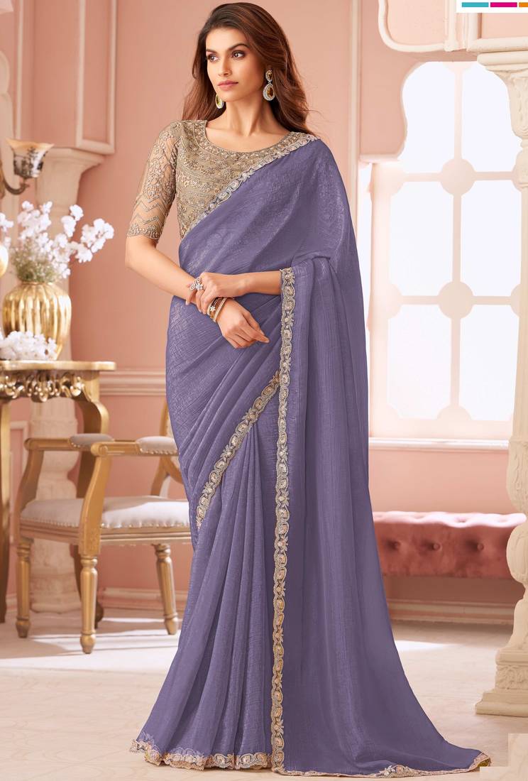 Lavender chiffon embroidered wedding-sarees with bridal embroiderd blouse