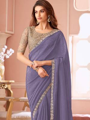 Lavender chiffon embroidered wedding-saree with bridal embroiderd blouse 4
