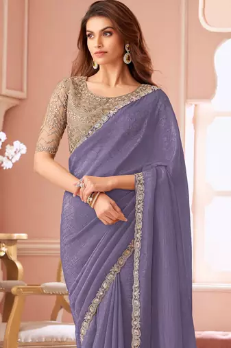 Lavender chiffon embroidered wedding-saree with bridal embroiderd blouse