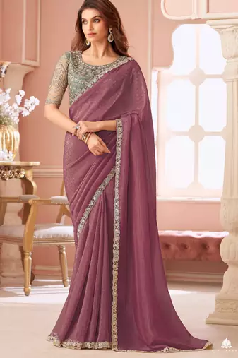 Brown chiffon embroidered wedding-sarees with bridal embroiderd blouse