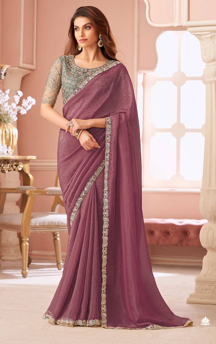 Brown chiffon embroidered wedding-sarees with bridal embroiderd blouse