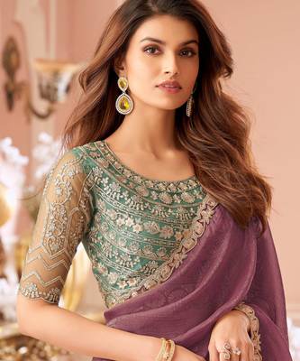 Brown chiffon embroidered wedding-saree with bridal embroiderd blouse 2