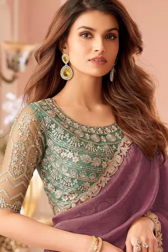 Brown chiffon embroidered wedding-saree with bridal embroiderd blouse