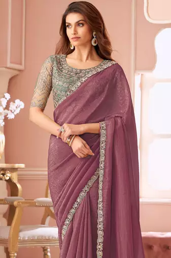 Brown chiffon embroidered wedding-saree with bridal embroiderd blouse
