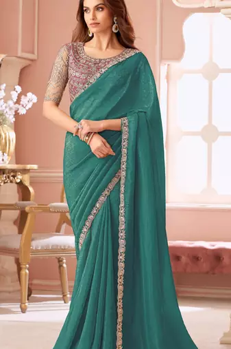 Teal chiffon embroidered bollywood-sarees with bridal embroiderd blouse