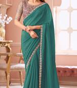 Teal chiffon embroidered bollywood-sarees with bridal embroiderd blouse