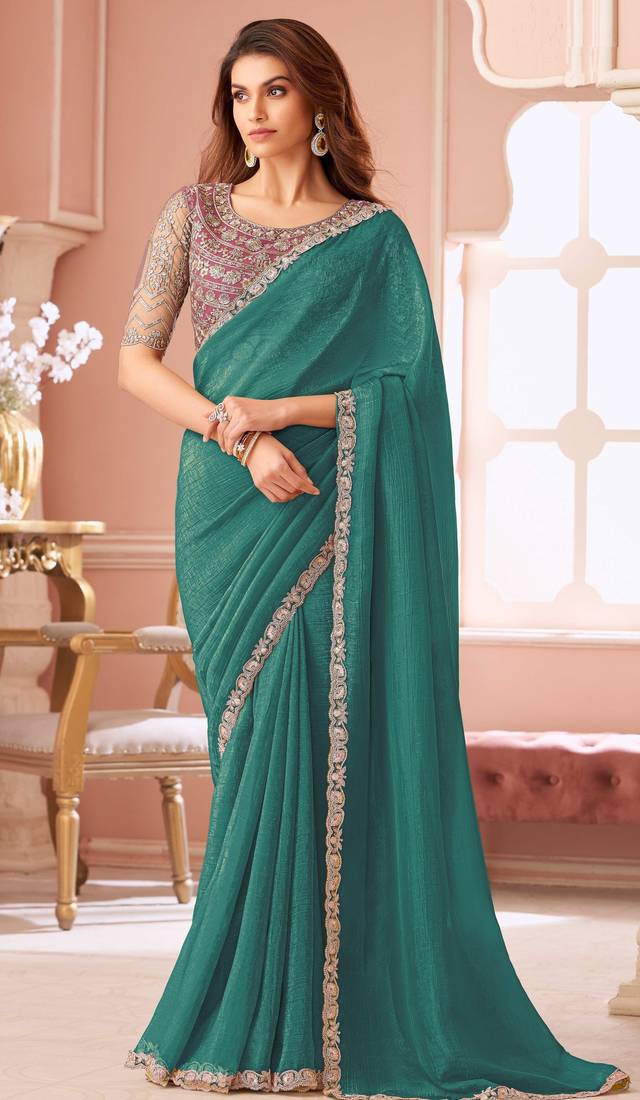 Teal chiffon embroidered bollywood-sarees with bridal embroiderd blouse