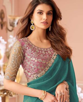 Teal chiffon embroidered bollywood-saree with bridal embroiderd blouse 2
