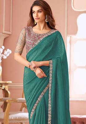 Teal chiffon embroidered bollywood-saree with bridal embroiderd blouse 3