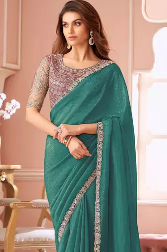 Teal chiffon embroidered bollywood-saree with bridal embroiderd blouse
