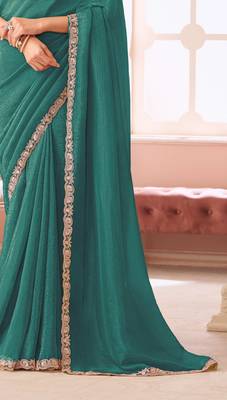 Teal chiffon embroidered bollywood-saree with bridal embroiderd blouse 4
