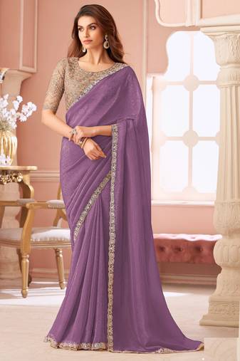 Mauve chiffon embroidered bollywood-sarees with bridal embroiderd blouse