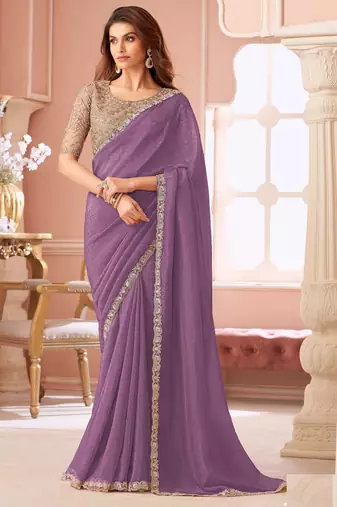 Mauve chiffon embroidered bollywood-sarees with bridal embroiderd blouse