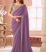 Mauve chiffon embroidered bollywood-sarees with bridal embroiderd blouse