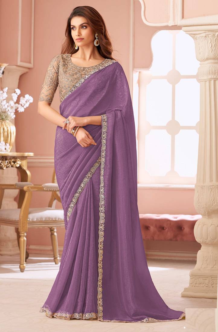 Mauve chiffon embroidered bollywood-sarees with bridal embroiderd blouse