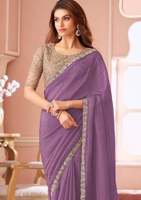 Mauve chiffon embroidered bollywood-saree with bridal embroiderd blouse 2
