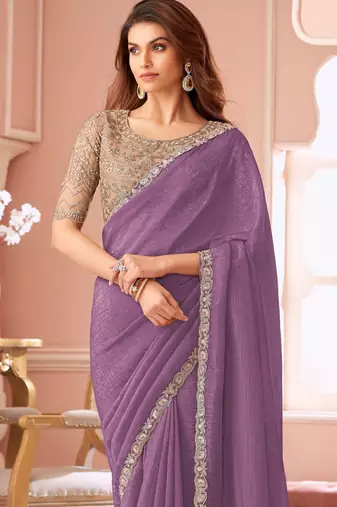 Mauve chiffon embroidered bollywood-saree with bridal embroiderd blouse
