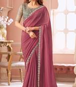 Peach chiffon embroidered bollywood-sarees with bridal embroiderd blouse