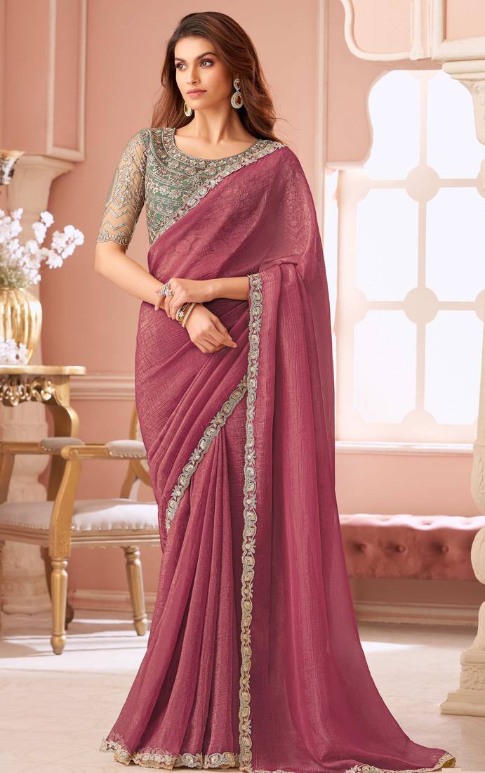 Peach chiffon embroidered bollywood-sarees with bridal embroiderd blouse