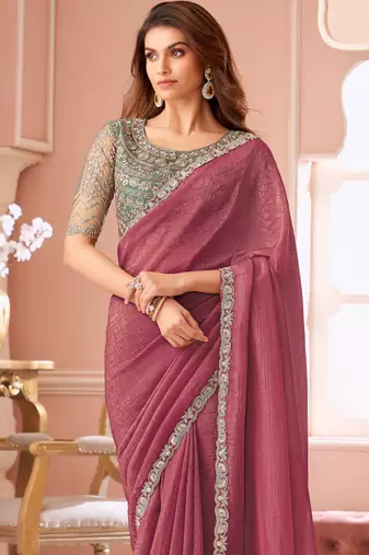 Peach chiffon embroidered bollywood-saree with bridal embroiderd blouse