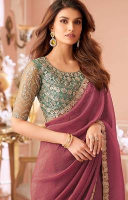 Peach chiffon embroidered bollywood-saree with bridal embroiderd blouse 4