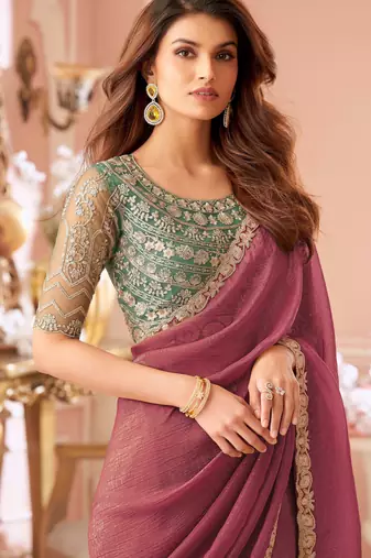 Peach chiffon embroidered bollywood-saree with bridal embroiderd blouse