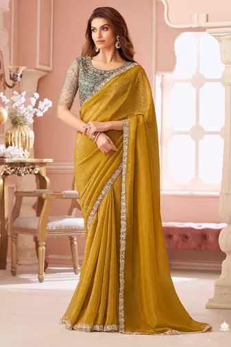 Mehendi chiffon embroidered bollywood-sarees with bridal embroiderd blouse