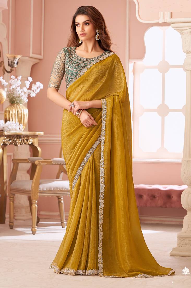 Mehendi chiffon embroidered bollywood-sarees with bridal embroiderd blouse
