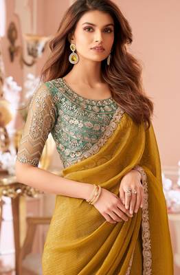 Mehendi chiffon embroidered bollywood-saree with bridal embroiderd blouse 2