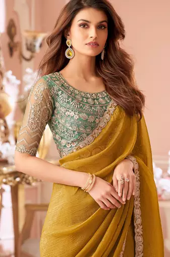 Mehendi chiffon embroidered bollywood-saree with bridal embroiderd blouse