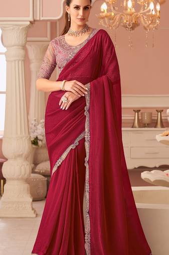 Pink chiffon embroidered embellished saree with bridal embroiderd blouse