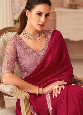 Pink chiffon embroidered embellished saree with bridal embroiderd blouse 2