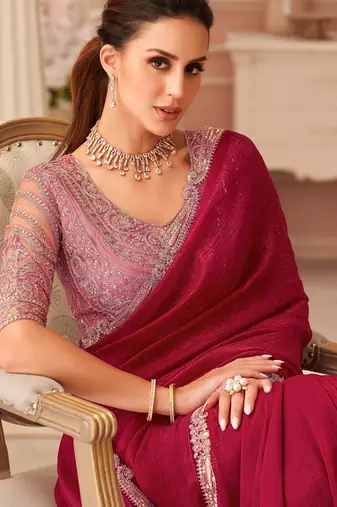 Pink chiffon embroidered embellished saree with bridal embroiderd blouse