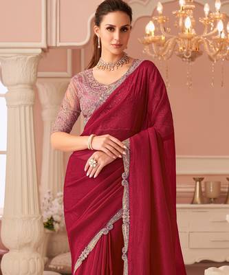 Pink chiffon embroidered embellished saree with bridal embroiderd blouse 3