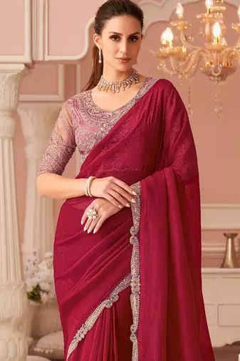 Pink chiffon embroidered embellished saree with bridal embroiderd blouse